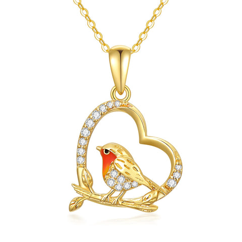 14K Gold Robin Bird Necklace for Women Mom, Solid Gold Heart Pendant with Mocking Bird Mothers Day Gift for Wife Girlfriend Her 16''+1''+1''