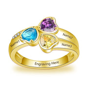 10K 14K 18K Solid Gold Personalized Ring with 3 Birthstones and Names Customized Gold Engraved Family Name Rings