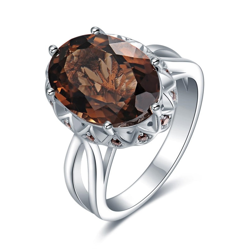 14K Gold Plated  Oval Shape 3.7CT Genuine Smoky Quartz Cocktail Rings for Her