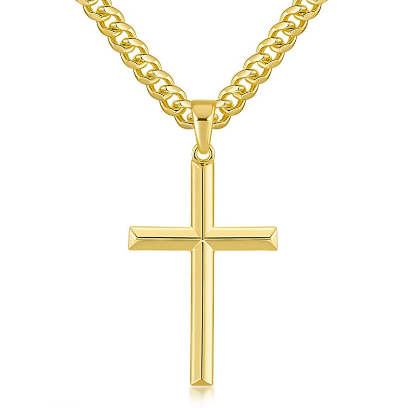 14K Gold Plated Cross Necklace with Cuban Chain for Men