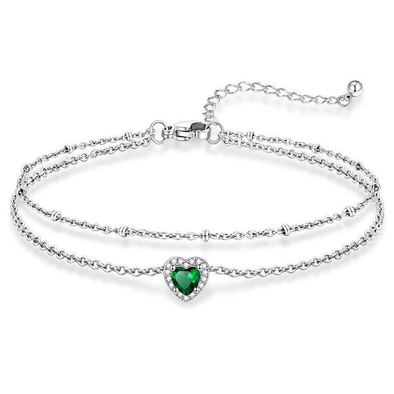 Sterling Silver Birthstone Double Layer Anklet for Beach Weddings, Summer Vacations & Pool Parties