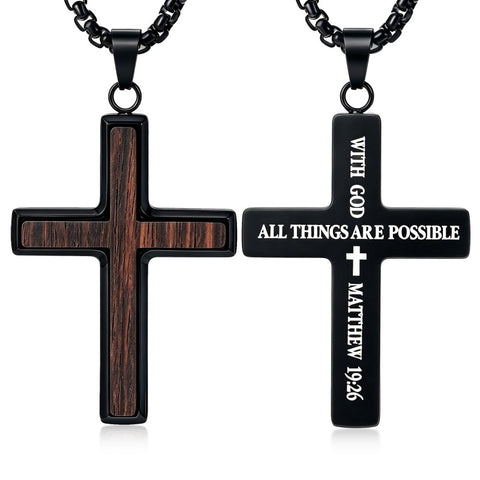 14K Gold Plated Wooden Cross Necklace for Men with Stainless Steel Adjustable Chain