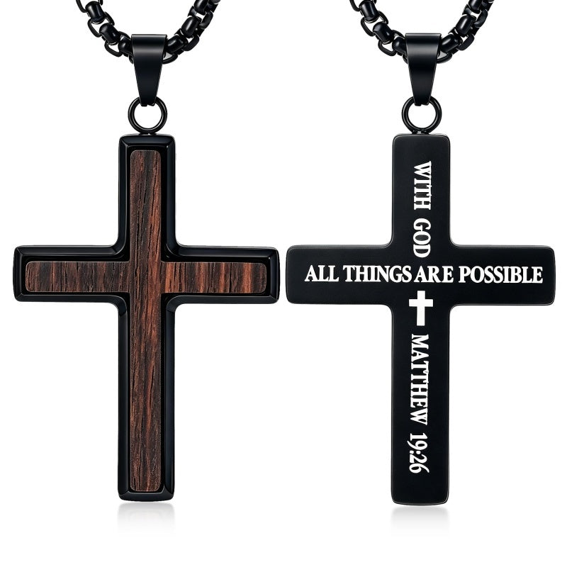14K Gold Plated Wooden Cross Necklace for Men with Stainless Steel Adjustable Chain