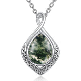 Sterling Silver Moss Agate Celtic Knot Rose Claddagh Filigree Pendant Necklace