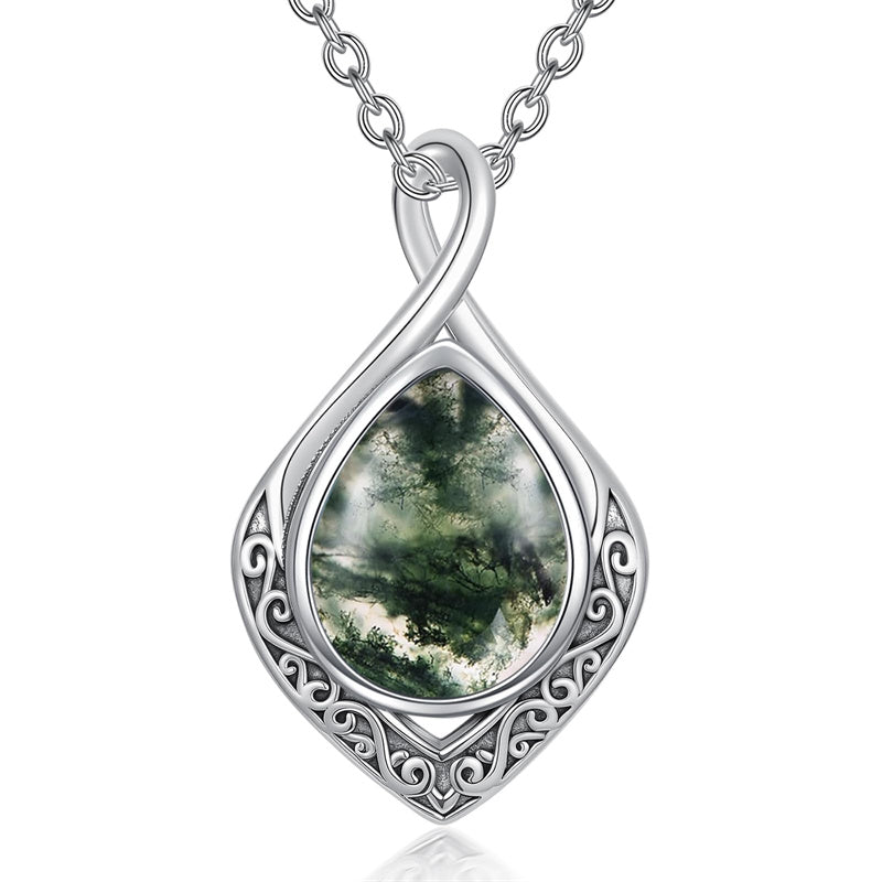 Sterling Silver Moss Agate Celtic Knot Rose Claddagh Filigree Pendant Necklace