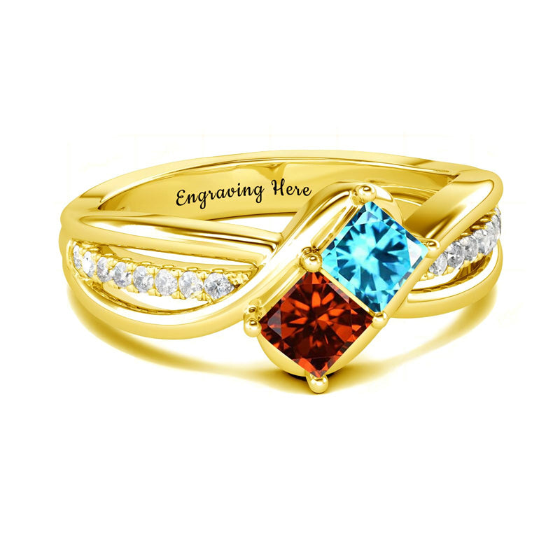 10K 14K 18K Gold Personalized 2 Birthstones Engraved Ring Mother's Day Gift