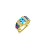 Sterling Silver Square Sapphire with Opal Gemstone Wedding Ring for Men