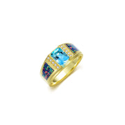 Sterling Silver Square Sapphire with Opal Gemstone Wedding Ring for Men