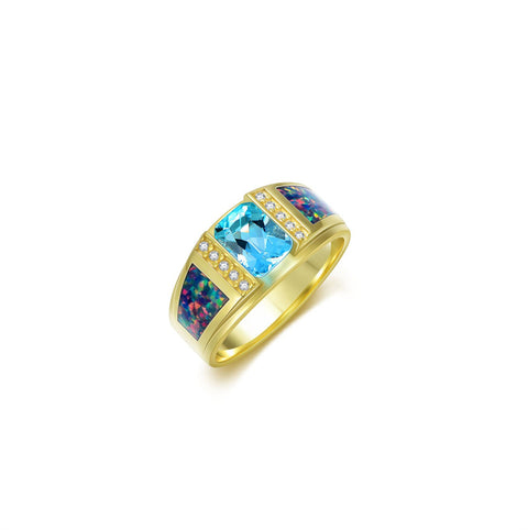 Sterling Silver Square Sapphire with Opal Gemstone Wedding Ring for Men