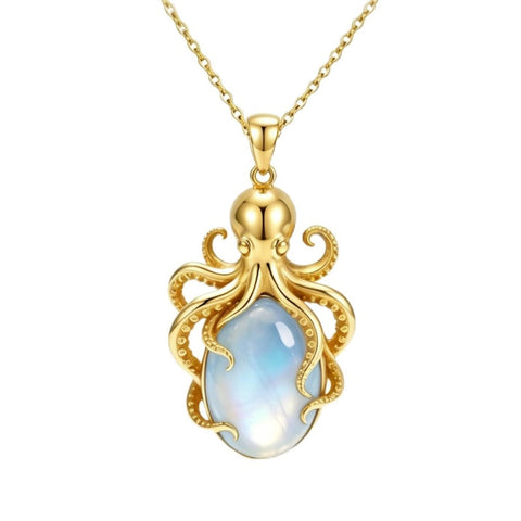 14K Gold Plated Moonstone Octopus Sea Turtle Conch Shell Starfish Seashell Ocean Necklace for Women