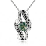 Sterling Silver Moss Agate Celtic Knot Rose Claddagh Filigree Pendant Necklace