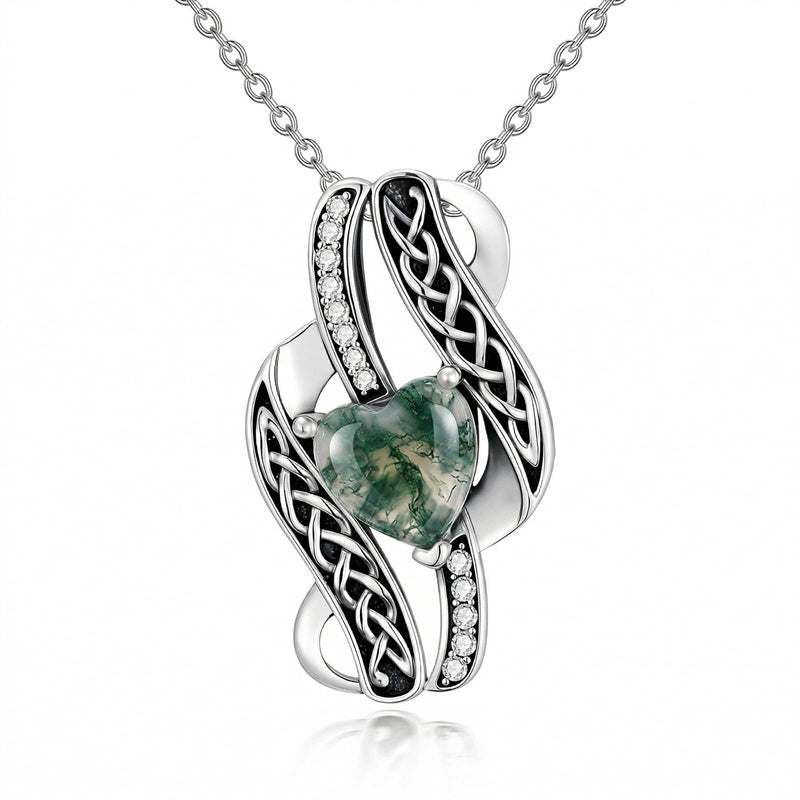 Sterling Silver Moss Agate Celtic Knot Rose Claddagh Filigree Pendant Necklace