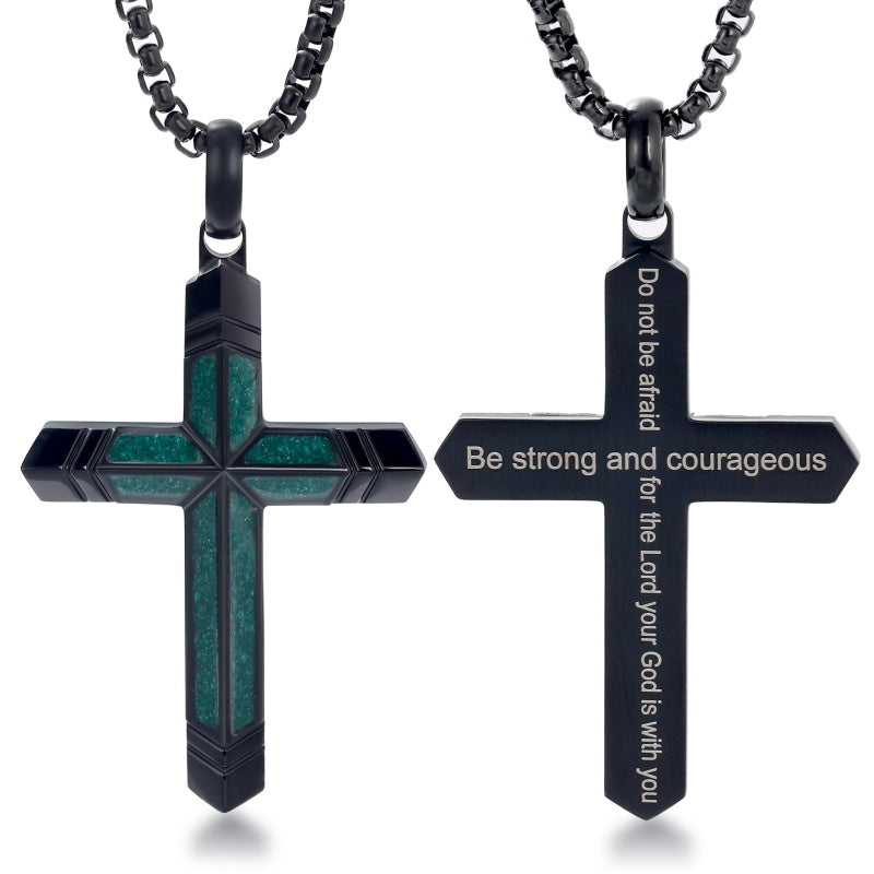 14K Gold Plated Turquoise Malachite Cross Necklace for Men Christianity Cross Jewelry