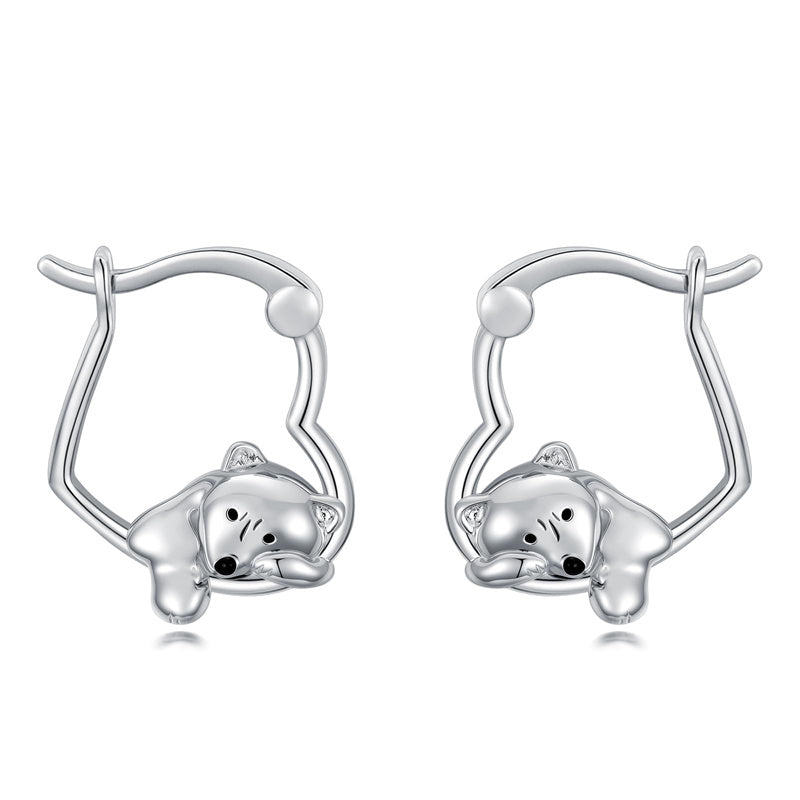 Sterling Silver Fox Frog Leopard Peacock Puppy Animal Hug Hoop Earrings