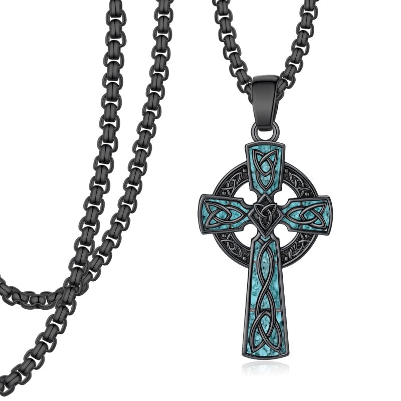 14K Gold Plated Turquoise Malachite Abalone Shell Cross Pendant Necklace for Men