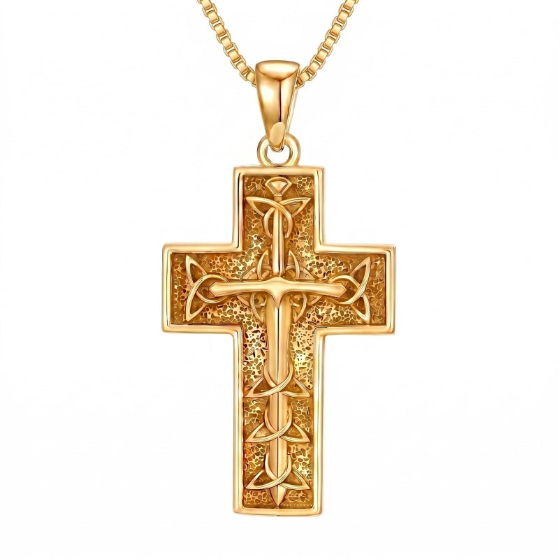 14k Gold Plated Cross Deer Antler Celtic Knot Sword Twisted Rope Cross Pendant Necklace for Men