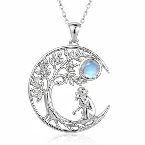 Sterling Silver Moonstone Tree of Life Wolf Cat Fox Rabbit Monkey Pendant Necklace Gift for  Birthday Christmas