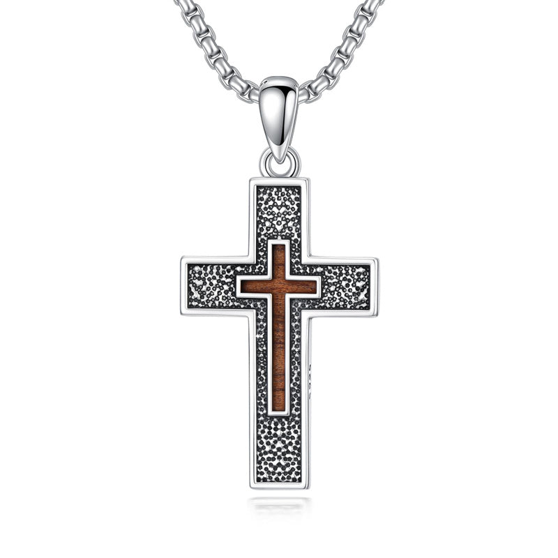 Sterling Silver Wooden Lion Orthodox Sword Wolf Cross Pendant Necklace