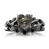 Sterling Silver 10K 14K 18K Gold Personalized Engraved Natural Heart Black Rutilated Quartz Engagement Ring Set
