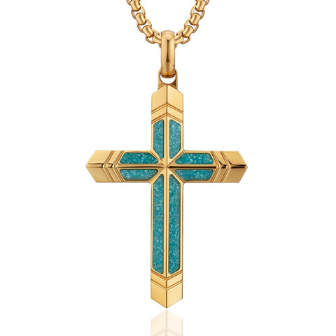 14K Gold Plated Turquoise Malachite Cross Necklace for Men Christianity Cross Jewelry