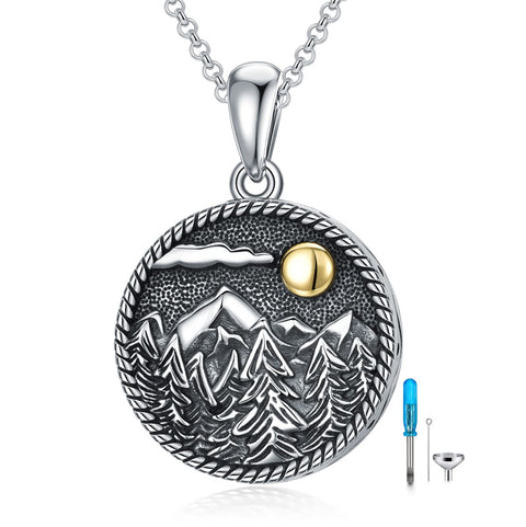 Sun and Mountain Urn Necklace for Ashes S925 Sterling Silver Cremation Jewelry Memorial Necklaces Ashes Keepsake Gifts for Mom Dad Grandma Grandpa