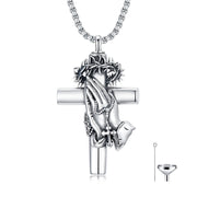 Sterling Silver Crown of Thorns Serenity Prayer Cross Urn Necklace for Ashes