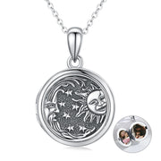 Sun Moon Star Locket Necklace That Holds Pictures 925 Sterling Silver Vintage PhotoPendant Necklace Oxidized Family Jewelry Gifts for Women Girls
