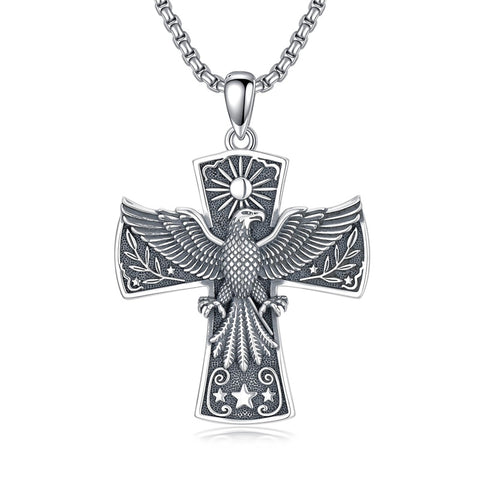 Sterling Silver Eagle Cross Religious Pendant Necklace