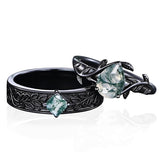 Sterling Silver 10K 14K 18K Gold Natural Leaf  Moss Agate Engagement Anniversary Couple Ring Sets