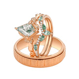 Sterling Silver10K 14K 18K Gold Natural Moss Agate Branch Leafy Engagement Ring Set For Couples