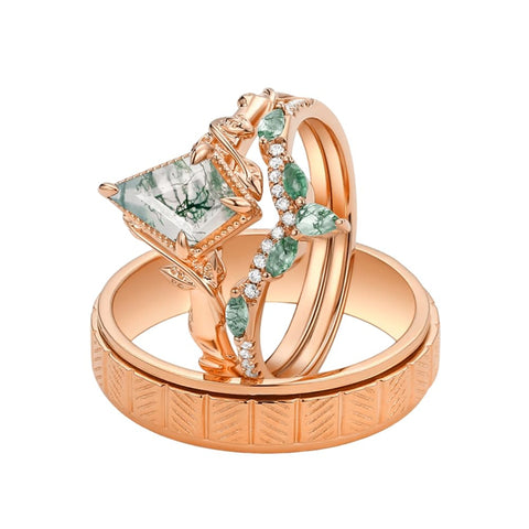 Sterling Silver10K 14K 18K Gold Natural Moss Agate Branch Leafy Engagement Ring Set For Couples