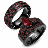 Sterling Silver 10K 14K 18K Gold Personalized Engraved  Halloween Dark Red Gemstone Couple Ring Set