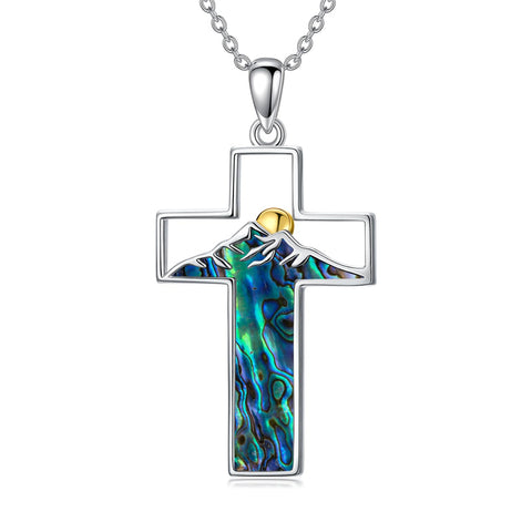 Sterling Silver Lapis Lazuli Abalone Shell Cross Mountains Necklace