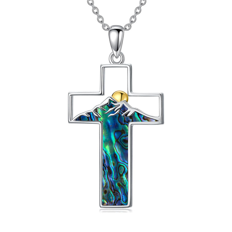 Sterling Silver Lapis Lazuli Abalone Shell Cross Mountains Necklace