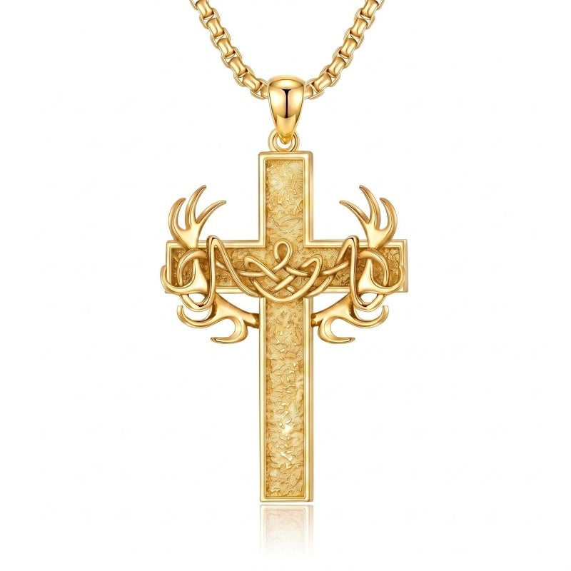 14k Gold Plated Cross Deer Antler Celtic Knot Sword Twisted Rope Cross Pendant Necklace for Men