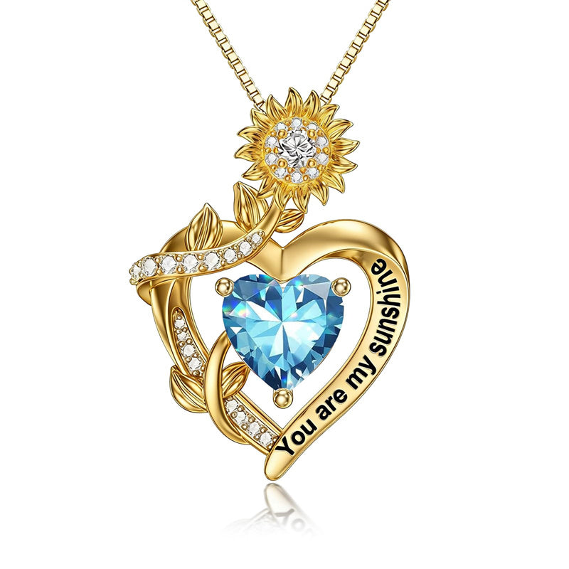 10K 14K 18K Gold  12 Months Birthstones Sunflower Pendant Necklace Engraved with You are My Sunshine