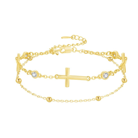 14K Gold Plated  Faith Cross Religious  Double Layered Anklet