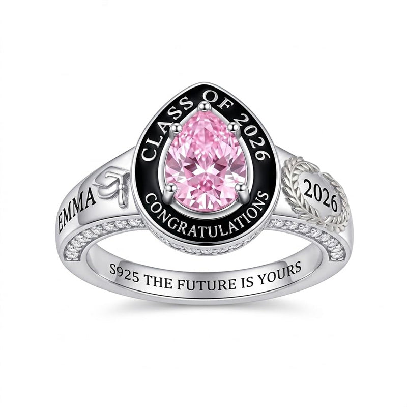 Sterling Silver Personalized Birthstone Engraved Class Ring for Women, Elegant Graduation Gift