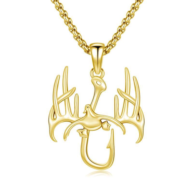 Sterling Silver Fish Hook& Antler Duck Pendant Necklace for Men, Gold