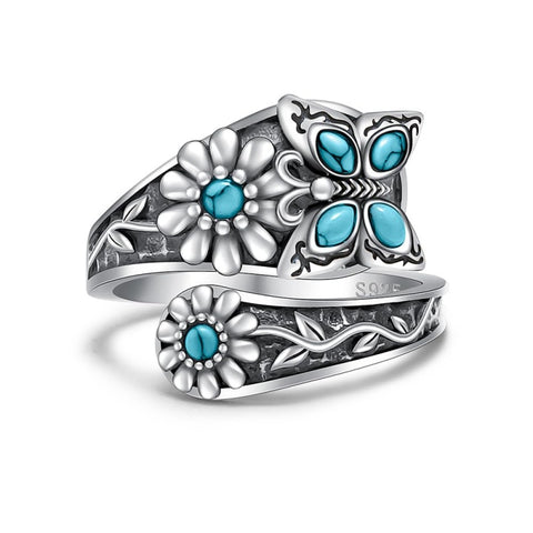 Sterling Silver Turquoise Hummingbird Butterfly Sunflower Adjustable Spoon Ring