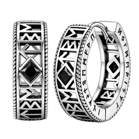 14K Gold Plated  Cubic Zircon Norse Viking Runes Hoop Earrings Viking Jewelry Gift for Men