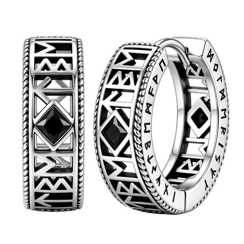 14K Gold Plated  Cubic Zircon Norse Viking Runes Hoop Earrings Viking Jewelry Gift for Men