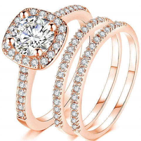 Copper Cubic Zirconia Three-in-One Halo Engagement Wedding Band Ring Set