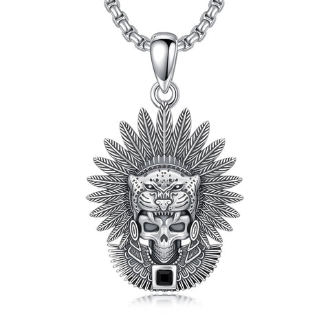 Sterling Silver Mictlantecuhtli Quetzalcoatl Tezcatlipoca Skull Pendant Necklace Aztec Jewelry