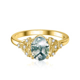Solid 14K Real Gold Green Moss Agate Engagement Ring Promise Bridal RingWedding Bands Natural Moss Agate Ring for Women