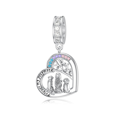 Sterling Silver Cubic Zirconia Cat Dog Charm Beads for Bracelets Engraved with Forever My Playmate