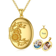 10K 14K 18K Solid Gold Personalized Photo Oval Sunflower Rose Pendant Necklace