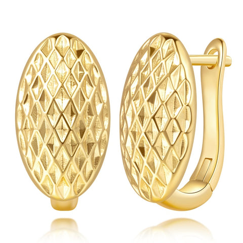 14K Gold Plated  Oval Shape with Mesh Pad Textured on the Surface Unique Hoops Earring for Women