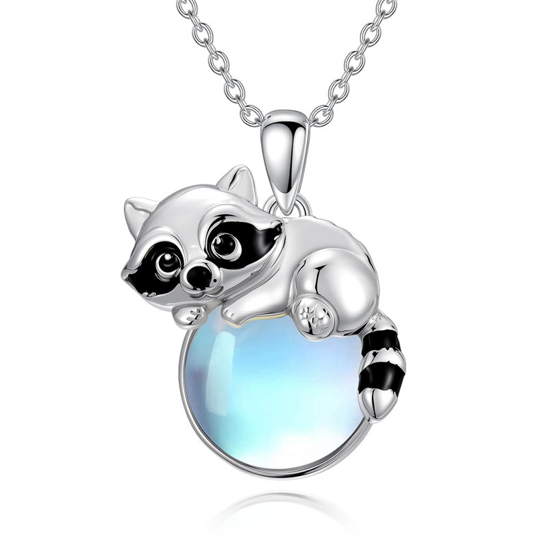 Sterling Silver Moonstone Fox Dolphin Axolotl Teddy Bear Hippo Raccoon Pendant Necklace for Women