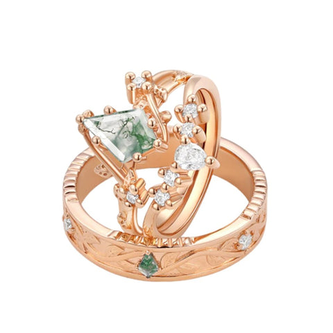 Sterling Silver10K 14K 18K Gold Natural Moss Agate Branch Leafy Engagement Ring Set For Couples